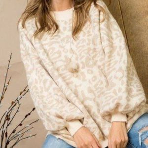 Cream Leopard Print Balloon Sleeve Sweater